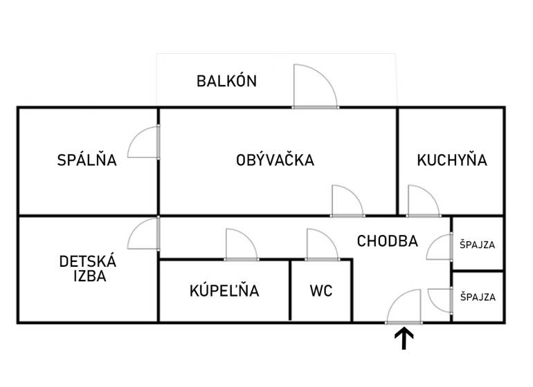 Půdorys 3-pokojového bytu s obývacím pokojem, dvěma ložnicemi, kuchyní a balkónem.