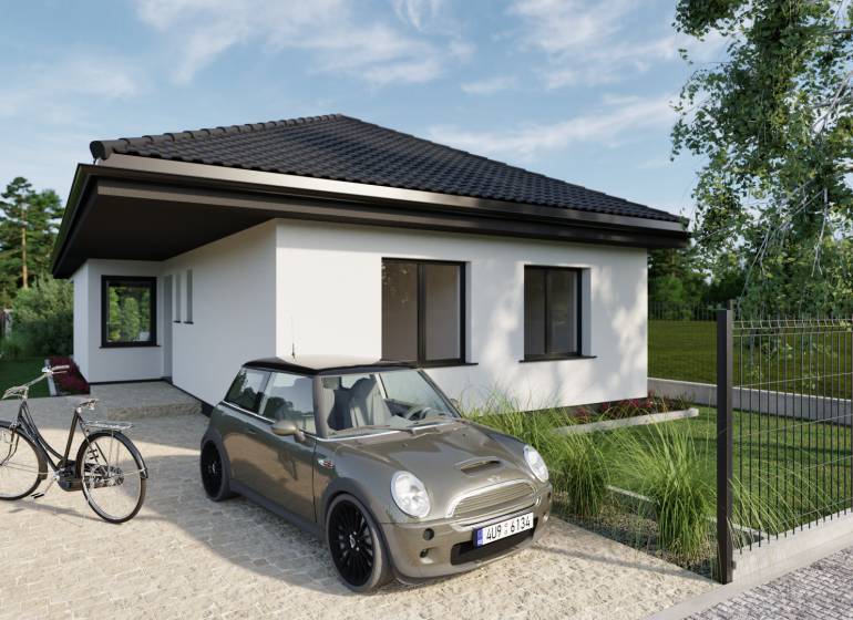 Rodinný dům s autem a kolem stojí na ulici Pánská niva, moderní design.