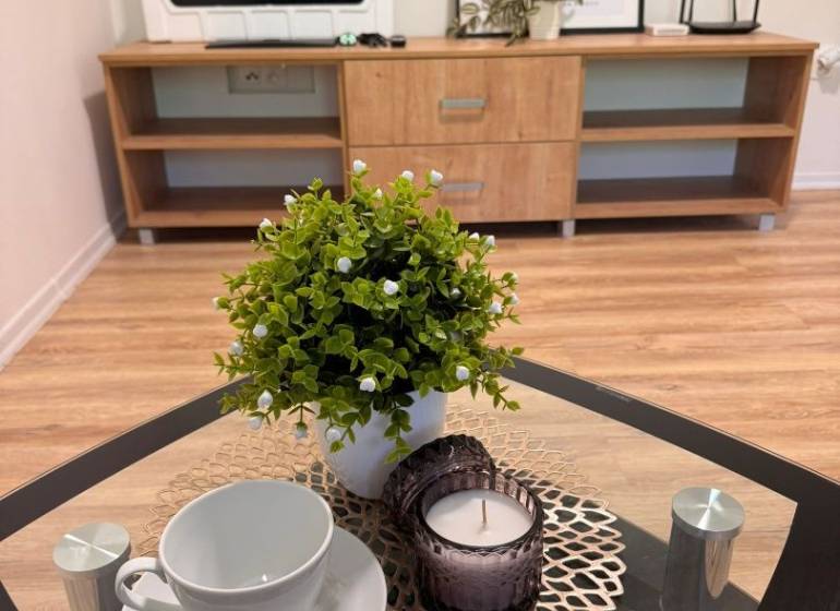 V 1-pokojovém bytě je konferenční stolek s dekorací, šálkem a svíčkou.