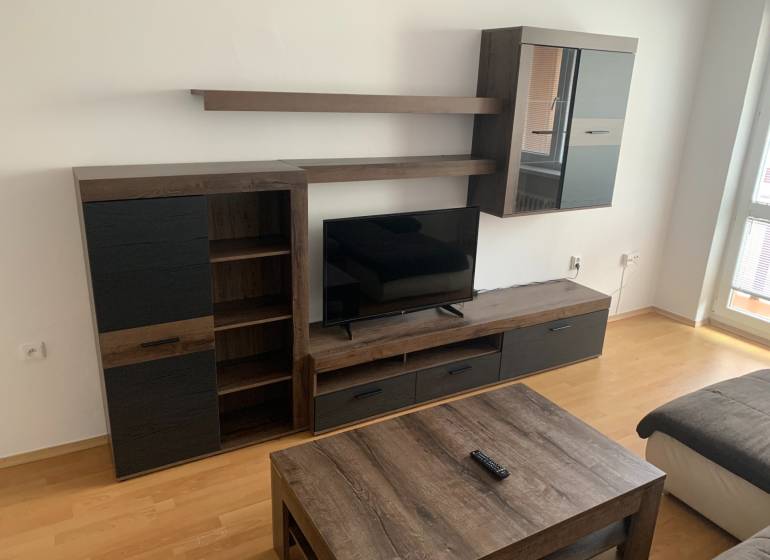 Obývací pokoj s tmavým nábytkem a podlahou s dřevěným dekorem v 2-pokojovém bytě.