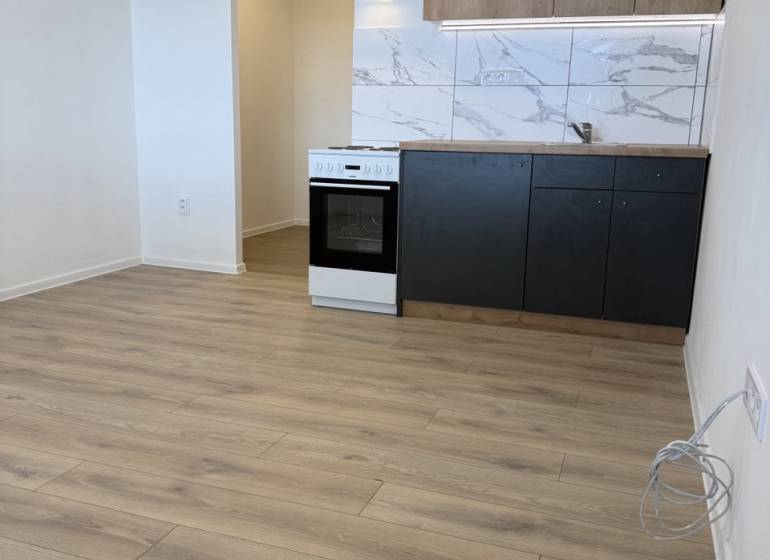 Garsonka s kuchyňskou linkou, sporákem a podlahou s dřevěným dekorem.