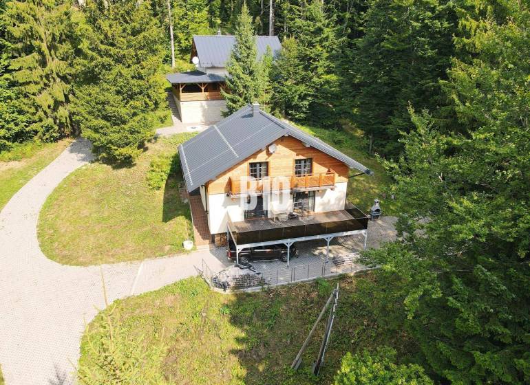 Chata v Terchové obklopená lesem, se sluneční terasou a přístupovou cestičkou.