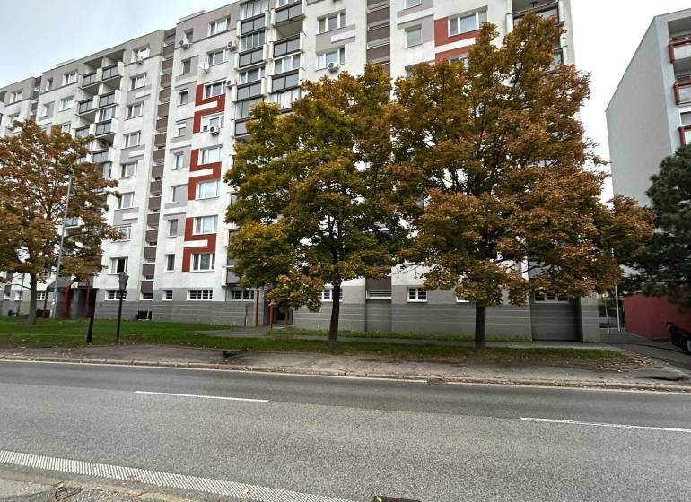 Bytový dům s barevnými prvky a stromy na Hraniční ulici, Bratislava - Ružinov.