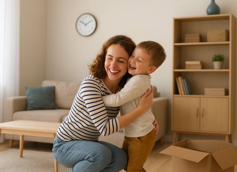 Žena s dítětem v objetí v 1-pokojovém bytě s podlahou s dřevěným dekorem.