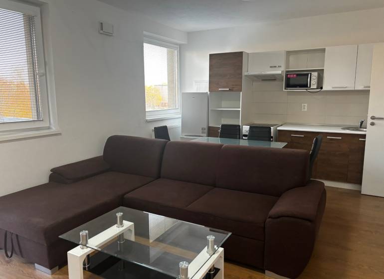 Obývací pokoj s kuchyňským koutem, hnědou sedačkou a podlahou s dřevěným dekorem v 2-pokojovém bytě.