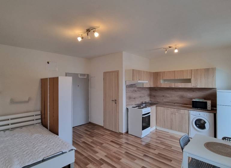 Garsonka s podlahou s dřevěným dekorem, kuchyňská linka, postel, pračka a jídelní stůl.