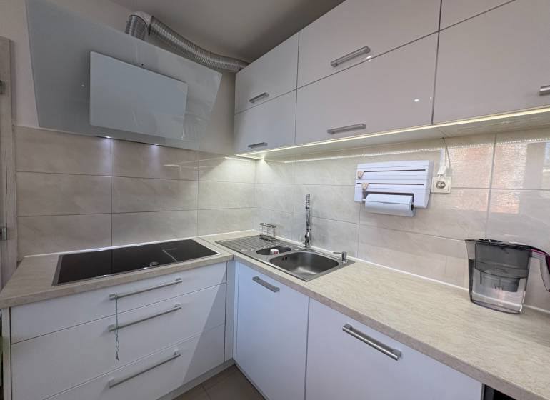 Kuchyně s vestavnou varnou deskou a dřezem v 3-pokojovém bytě.