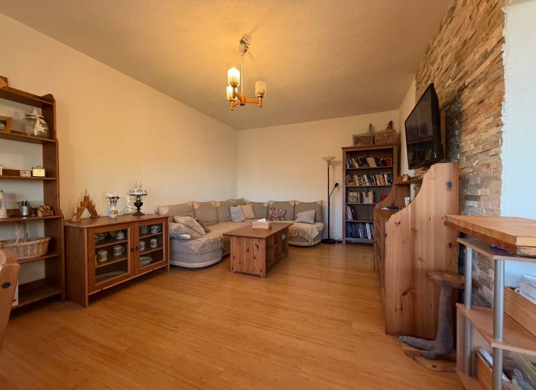 Obývací pokoj s pohovkou, podlaha s dřevěným dekorem, knihovna a televize na stěně.