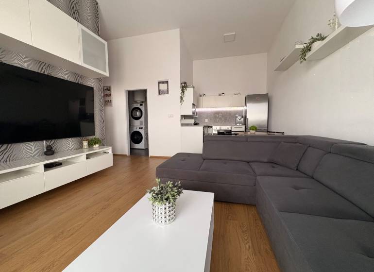 Obývací pokoj s velkou sedačkou, podlahou s dřevěným dekorem a televizorem v 2-pokojovém bytě.