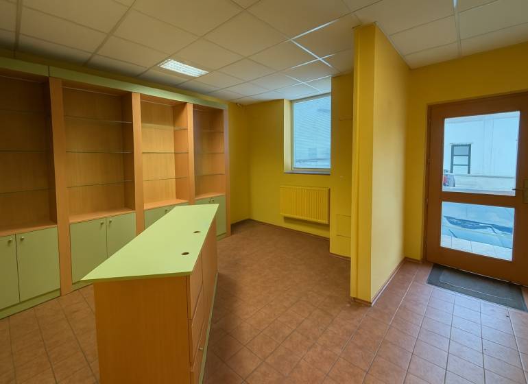 Obchodní prostory s policemi, pultem a dlažbou, ideální pro různé podnikatelské účely.