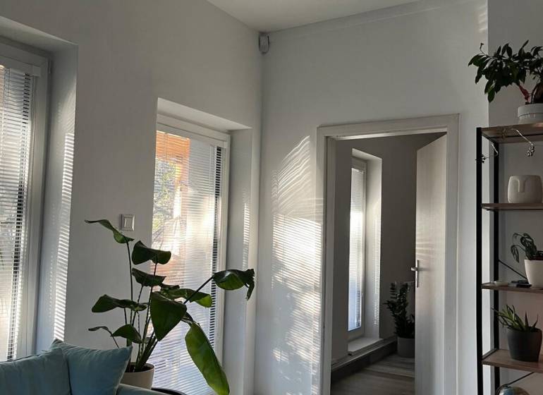 Světlý obývací pokoj s rostlinami, pohovkou a podlahou s dřevěným dekorem ve 4pokojovém bytě.