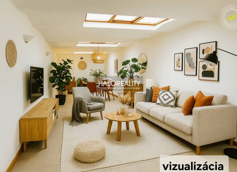 Světlý obchodní prostor s pohovkou, rostlinami a dekoracemi na stěnách.