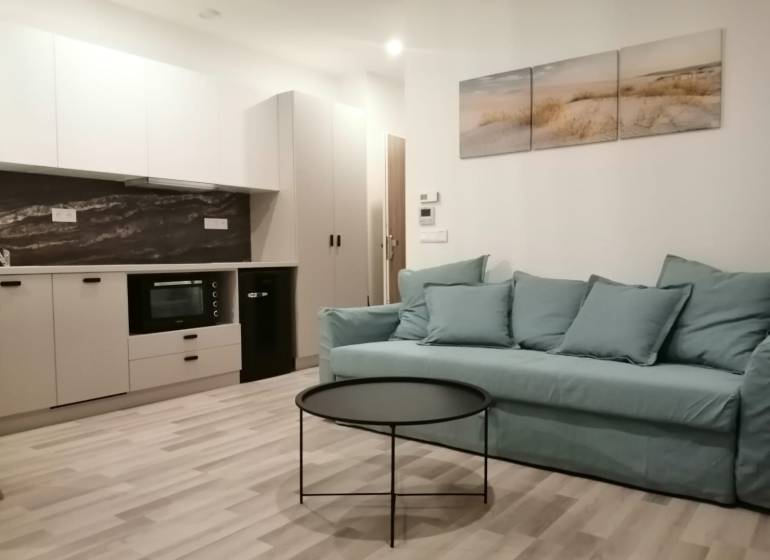 Garsonka s kuchyní, modrou pohovkou, kulatým stolkem a podlahou s dřevěným dekorem.