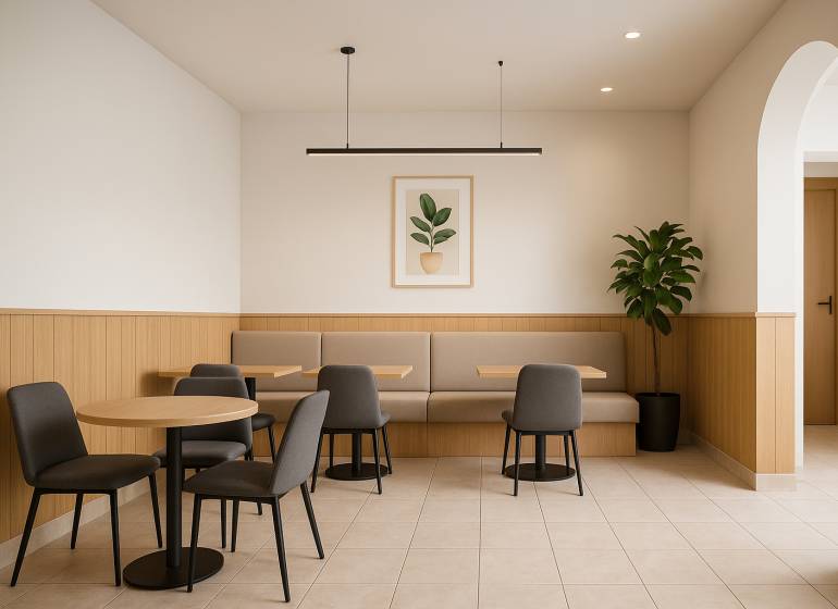 Moderní posezení se stěnou v dřevěném dekoru a rostlinou v 2-pokojovém bytě.