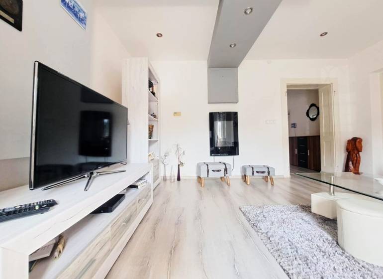 Obývací pokoj v rodinném domě s televizí a podlahou s dřevěným dekorem.