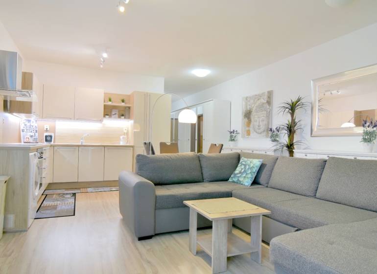 Obývací pokoj s kuchyní v 2pokojovém bytě, šedá sedačka, skříň, podlaha s dřevěným dekorem.