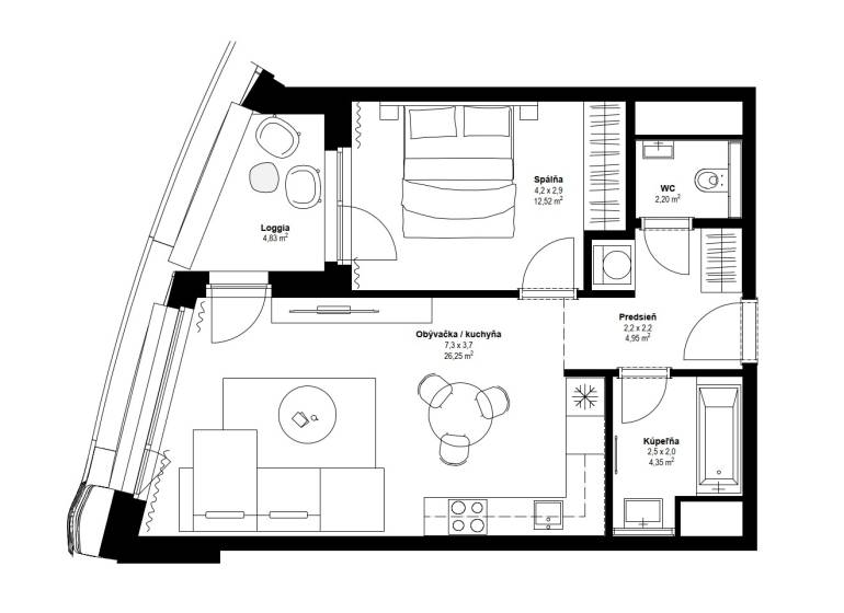 Půdorys 2-pokojového bytu zahrnuje lodžii, obývací pokoj s kuchyní, ložnici a koupelnu.