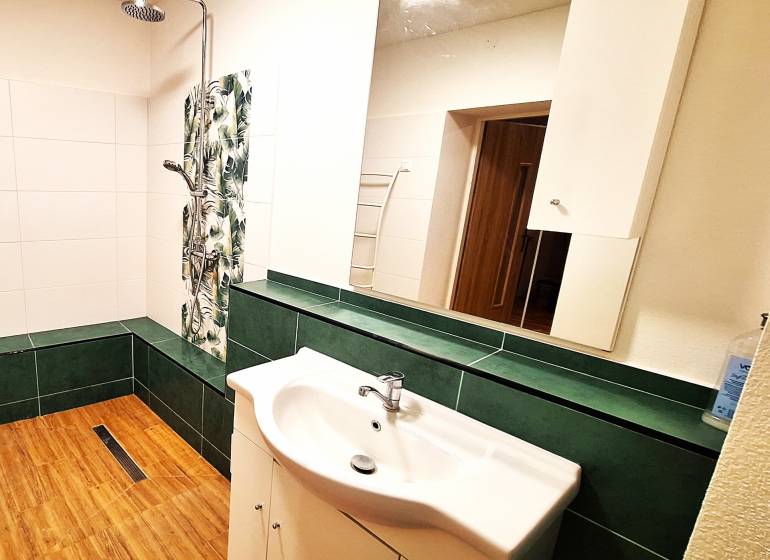 Koupelna v rodinném domě s podlahou s dřevěným dekorem a sprchou.