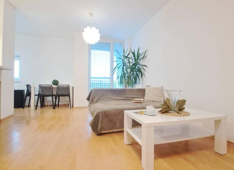 Obývací pokoj v 2-pokojovém bytě s podlahou s dřevěným dekorem, pohovka a konferenční stolek.