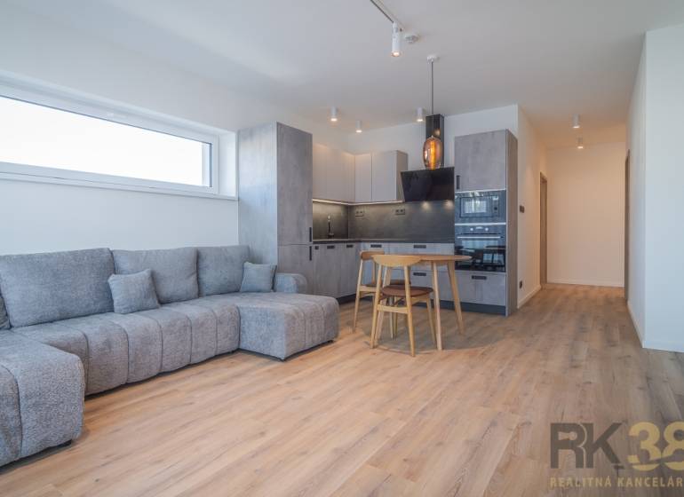 Obývací pokoj v 2-pokojovém bytě s šedou sedačkou a kuchyní s dřevěným nábytkem.