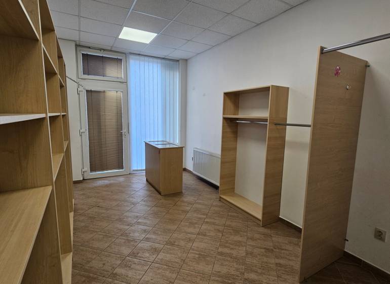 Policové regály a úložné prostory s podlahou s dřevěným dekorem.