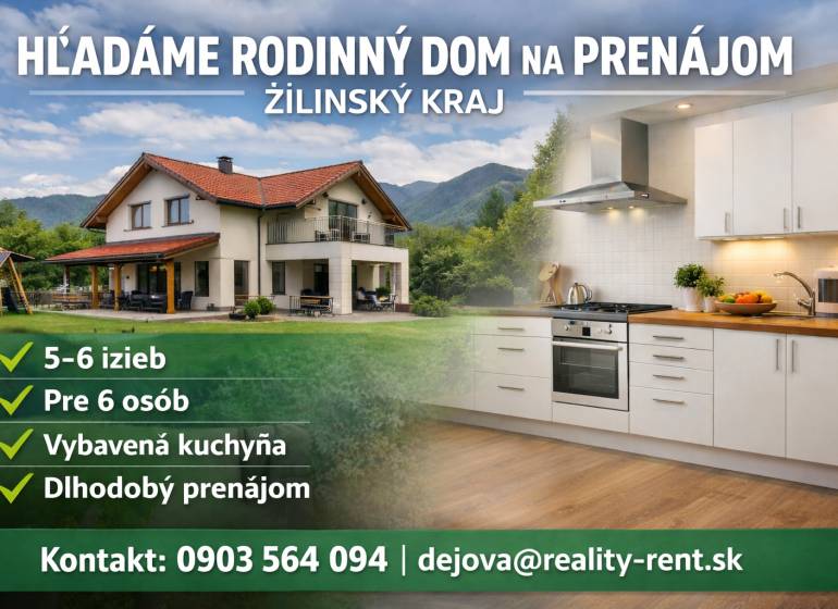 Rodinný dům v Žilinském kraji k pronájmu, moderní kuchyně, podlaha s dřevěným dekorem.