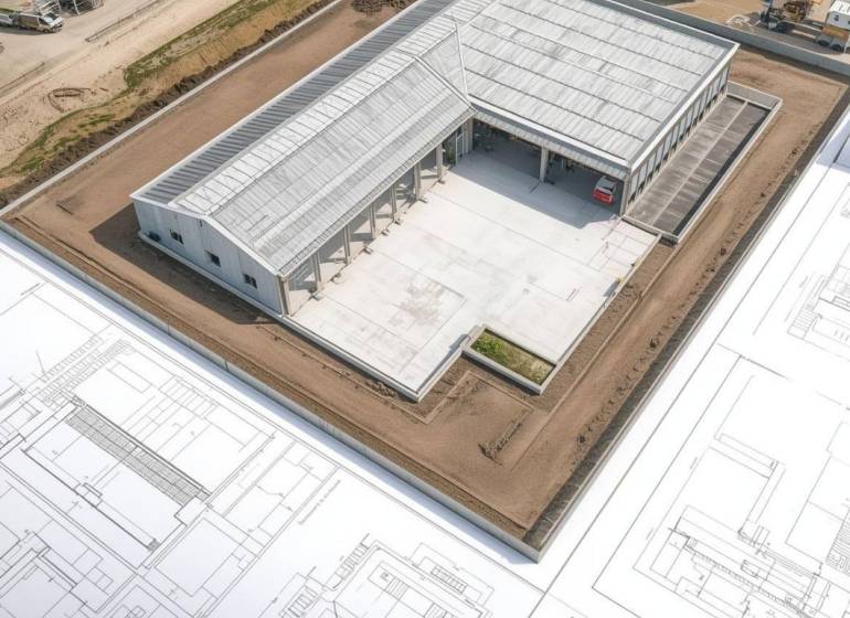 Výstavba komerčního komplexu v Bojné s detaily architektonických plánů.