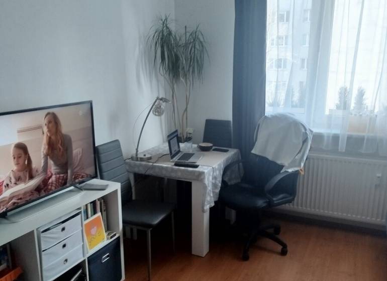 Garsonka se stolem, židlemi, knihovničkou a televizorem; podlaha s dřevěným dekorem.