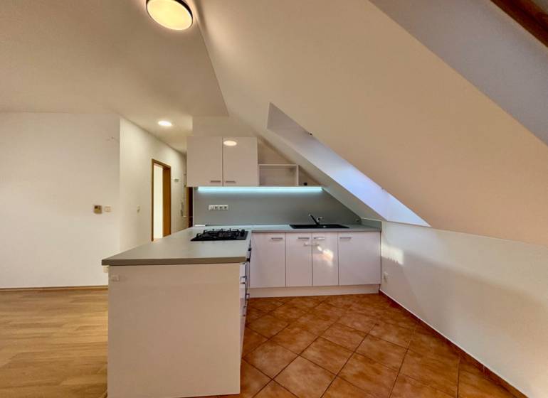 Kuchyně v 2-pokojovém bytě s kuchyňskou linkou a podlahou z keramické dlažby.