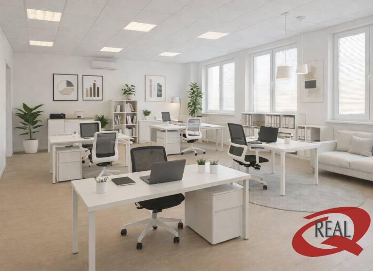 Kanceláře s podlahou s dřevěným dekorem, psacími stoly, židlemi a rostlinami.