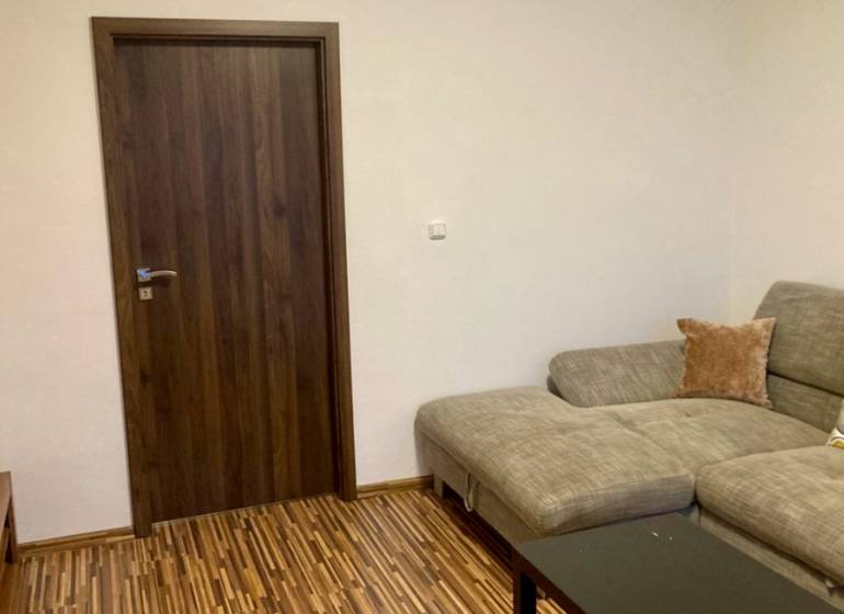 Obývací pokoj s pohovkou, dřevěná dekor podlaha a tmavé dveře ve 3-pokojovém bytě.