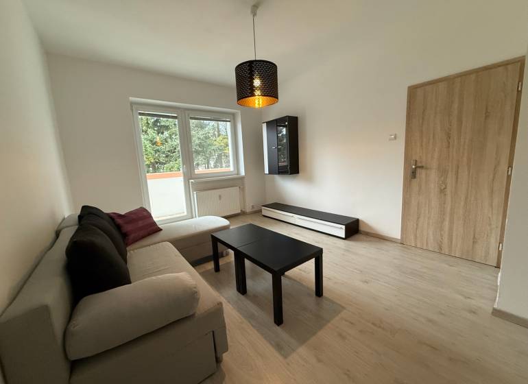 Obývací pokoj zařízený sedačkou a stolkem, podlaha s dřevěným dekorem.