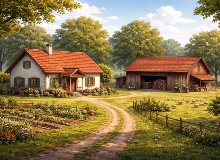 Rodinný dům v Zákopčí obklopený květinami, zahradou a poli, vedle stodola s traktorem.