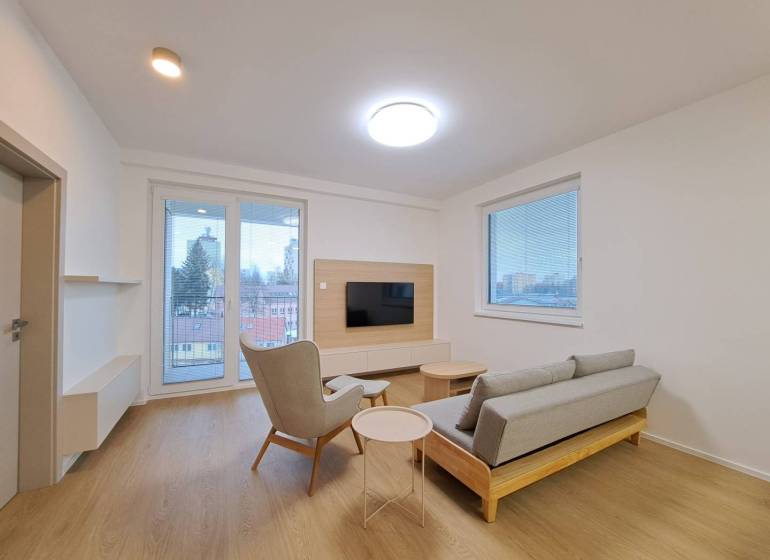 Obývací pokoj v 2-pokojovém bytě s podlahou s dřevěným dekorem, televizí a výhledem.