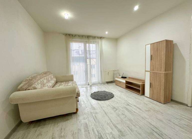 Obývací pokoj v 2-pokojovém bytě s pohovkou, skříňkou a podlahou s dřevěným dekorem.