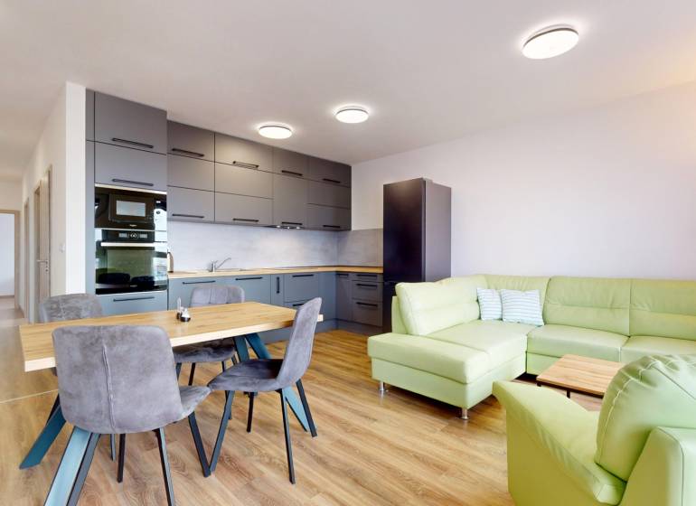 Kuchyně s obývacím pokojem ve 3-pokojovém bytě, zelená sedačka, podlaha s dřevěným dekorem.