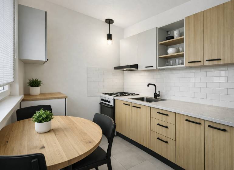 Kuchyně v 3-pokojovém bytě s dřevěným dekorem, bílými kachličkami a kulatým stolem.