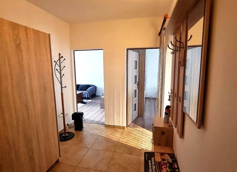 Chodba v 2-pokojovém bytě s věšákem a podlahou s dřevěným dekorem.