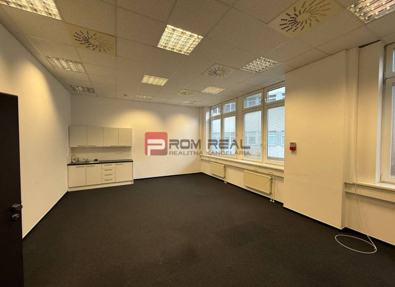 V kanceláři jsou bílé skříňky, koberce, stropní svítidla a velká okna.