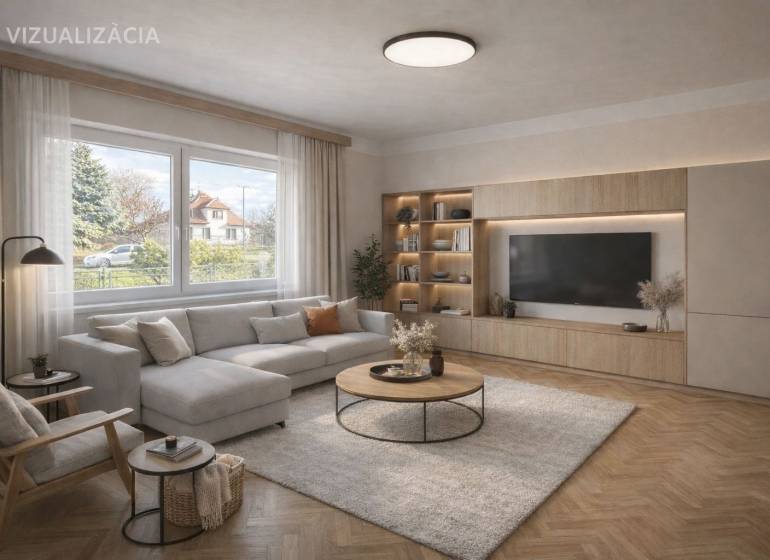 Obývací pokoj v rodinném domě s pohodlnou sedací soupravou a podlahou s dřevěným dekorem.