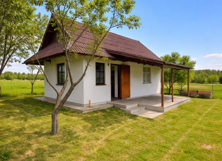 Chata v Obeckově obklopená zelenými loukami a stromy pro klidný odpočinek.