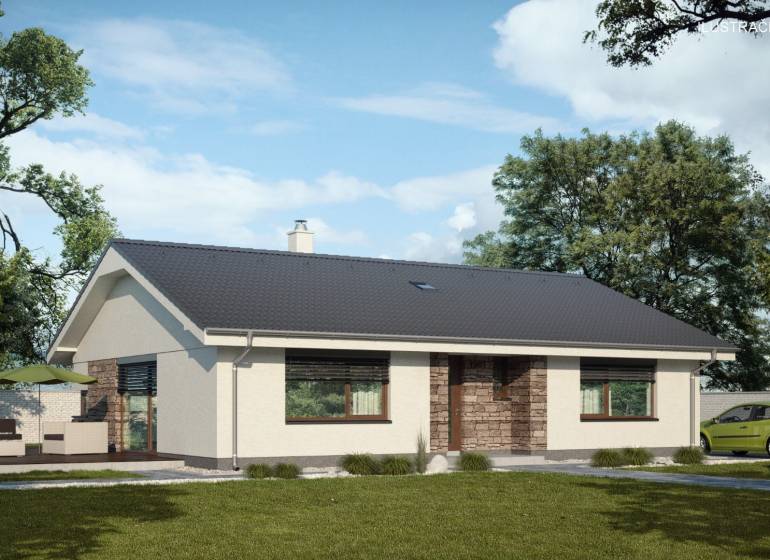 Rodinný dům s terasou v Nových Zámcích, ulice obklopená stromy, zelené auto.