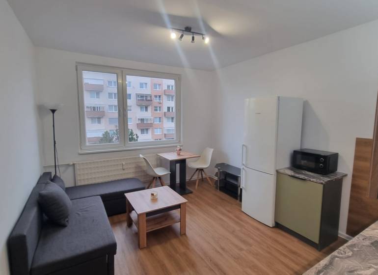 Obývací pokoj jednopokojového bytu s pohovkou, stolem a podlahou s dřevěným dekorem.