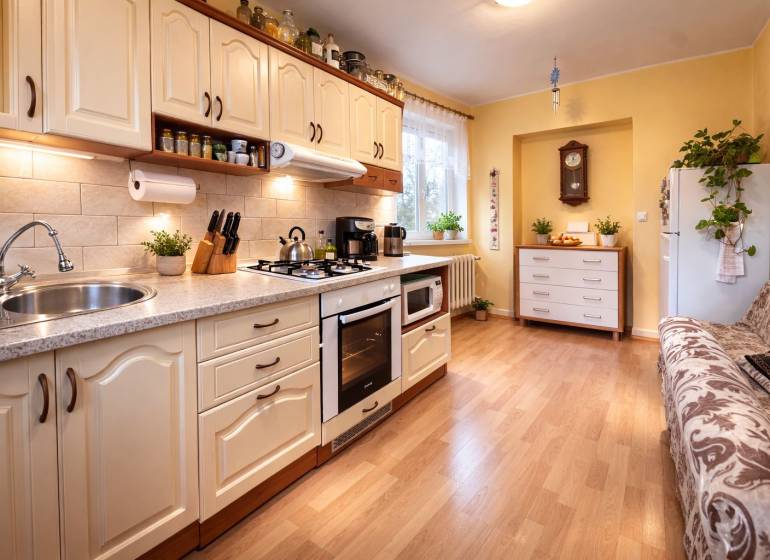 Kuchyně v 2-pokojovém bytě s podlahou s dřevěným dekorem, světlá linka a rostliny.