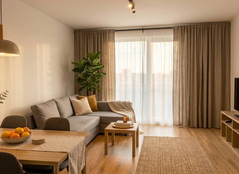 Obývací pokoj v dvoupokojovém bytě s podlahou s dřevěným dekorem.