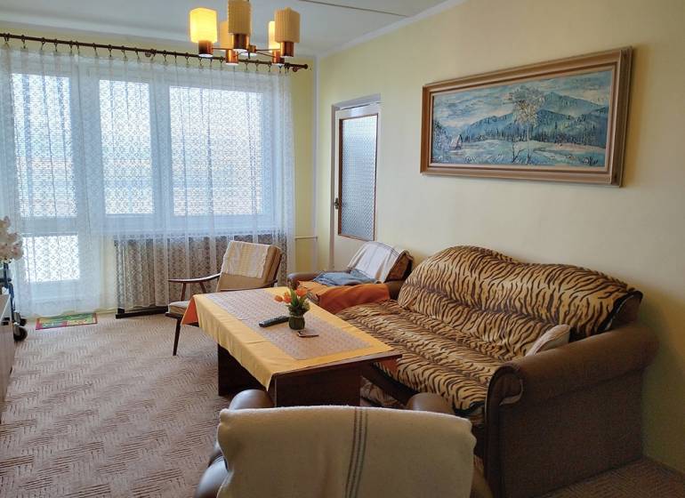 Obývací pokoj s pohovkou, křeslem a stolem v dvoupokojovém bytě s velkým oknem.