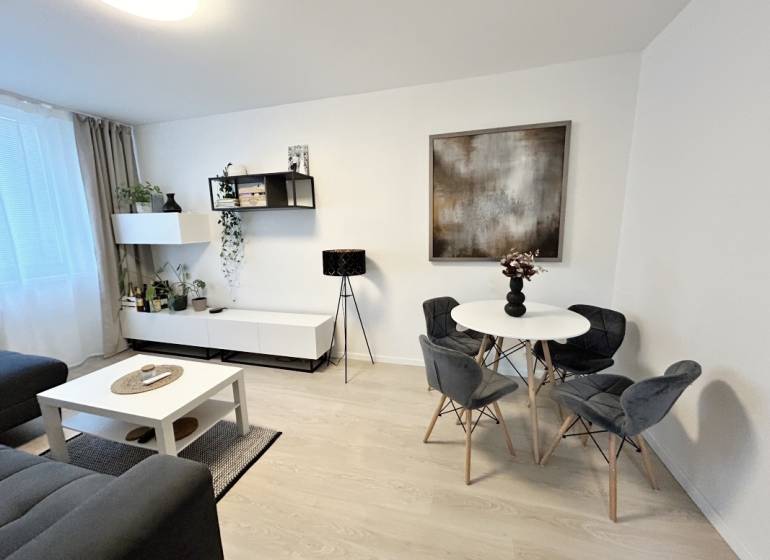 Interiér 2-pokojového bytu se stolem, židlemi a dekoracemi, podlaha s dřevěným dekorem.