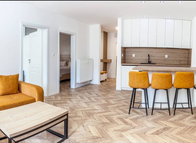 Rekreační apartmán s pohovkou, kuchyňským pultem a podlahou s dřevěným dekorem.