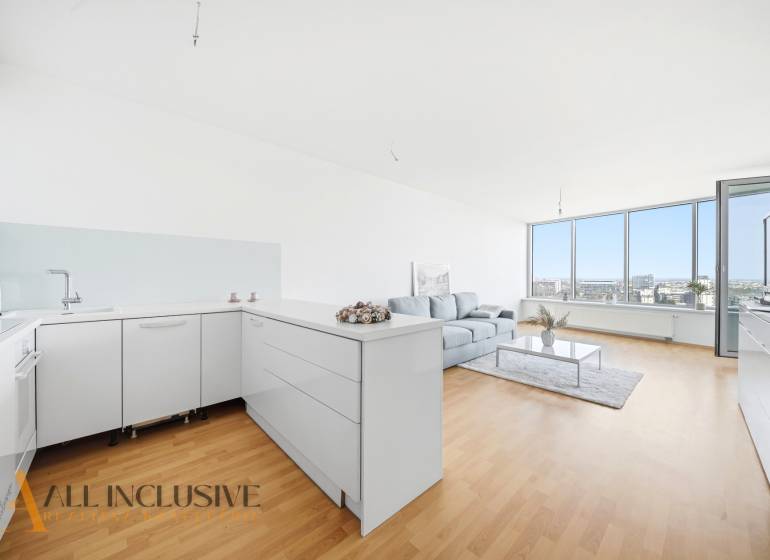 Světlá kuchyně s obývacím pokojem, podlaha s dřevěným dekorem, pohovka, velká okna.