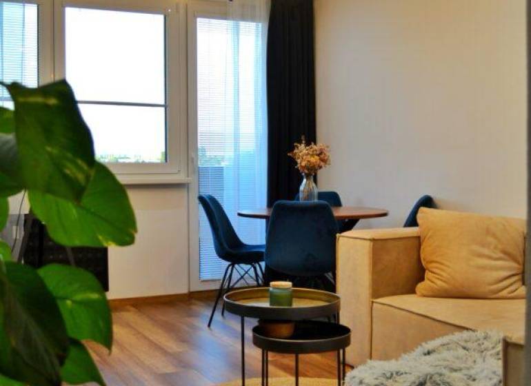 Obývací pokoj s podlahou s dřevěným dekorem, pohodlnou pohovkou a chlupatou dekou v 3-pokojovém bytě.